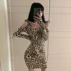 Long-sleeve Cold Shoulder Leopard Print Mini Bodycon Dress