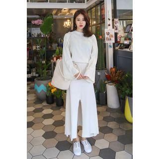Set: Bell-sleeve Top + Band-waist Slit-front Skirt