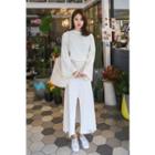 Set: Bell-sleeve Top + Band-waist Slit-front Skirt