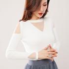 Mesh Panel Glitter Ribbed Knit Top