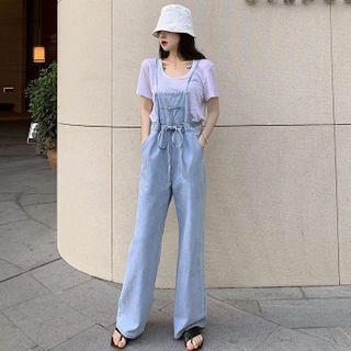 Short-sleeve Plain T-shirt / Tie-waist Denim Playsuit