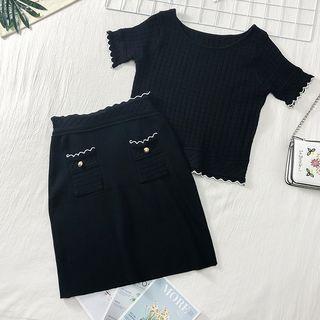 Set: Light Knit Top + Pencil Skirt Black - One Size