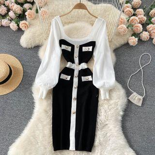 Puff-sleeve Two Tone Knit Dress
