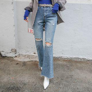 Slashed Washed Boot-cut Jeans