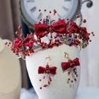 Set: Bow Beaded Drop Earring + Crown Headpiece 1 Pair - Earrings & Crown - Red - One Size