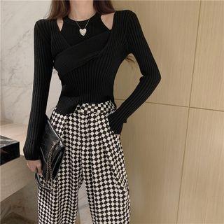 Long-sleeve Twist Front Knit Top / Camisole Top / Checkered Straight Leg Pants