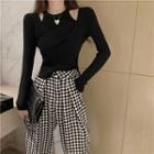 Long-sleeve Twist Front Knit Top / Camisole Top / Checkered Straight Leg Pants