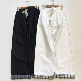 Drawstring Plaid Rolled Shift Wide-leg Pants