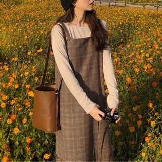 Long-sleeve T-shirt / Plaid Midi Jumper Dress