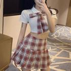 Short-sleeve Collared Tie-neck Top / Pleated Mini A-line Skirt / Set