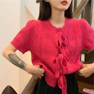 Short-sleeve Pointelle Bow Cardigan