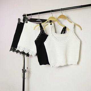 Set: Knitted Camisole Top + Lace Trim Shorts