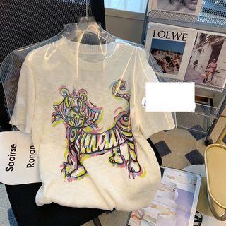 Elbow-sleeve Tiger Print Top