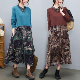 Long-sleeve Mock Two-piece Print Panel Midi A-line Dress