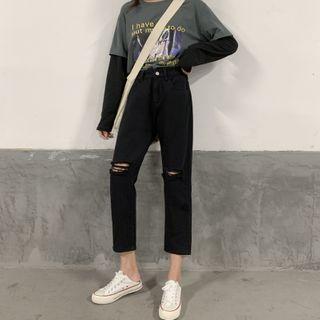 High-waist Straight Leg Distressed Jeans