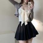 Bow Cropped Camisole Top / Cardigan / Pleated Mini A-line Skirt