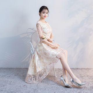 Elbow-sleeve Lace Dip Back Evening Dress