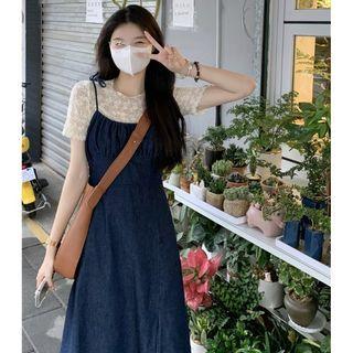 Spaghetti-strap Denim Midi A-line Dress / Short-sleeve Lace Top
