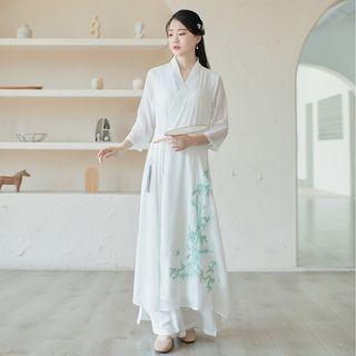 V-neck Embroidered Midi A-line Dress / Wide Leg Pants