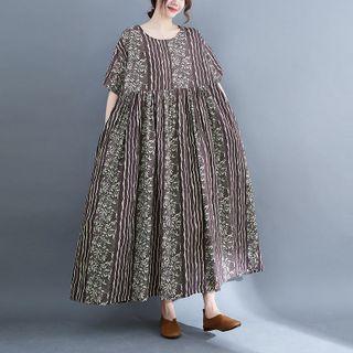 Short-sleeve Floral Maxi A-line Dress Floral - Coffee - One Size