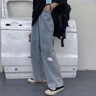 Drawstring Waist Distressed Straight-cut Jeans