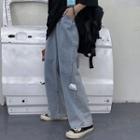 Drawstring Waist Distressed Straight-cut Jeans