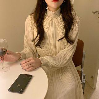 Puff-sleeve Lace Collar Midi A-line Dress Almond - One Size