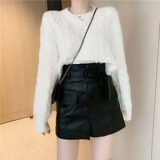 Long-sleeve Cable Knit Sweater / High-waist Faux Leather Skirt