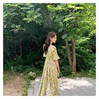 Floral Print Tiered Maxi Dress Yellow - One Size