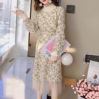 Floral Print Long-sleeve Mesh Hem Midi Dress