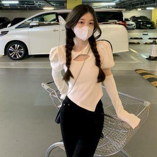 Set: Puff-sleeve Keyhole Knit Top + Arm Sleeves