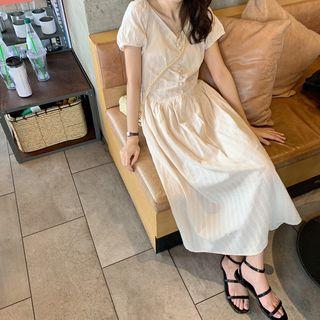 Short-sleeve Striped Midi Dress Beige Almond - One Size