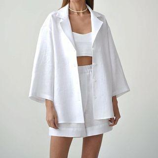 Set: Notch Lapel Plain Shirt + Loose Fit Shorts