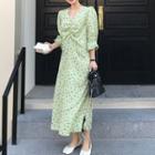 Floral Print Long-sleeve Midi Dress As Shown In Figure - One Size