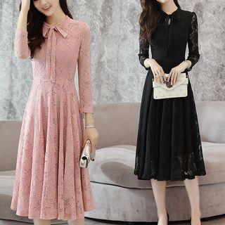 Bow Long-sleeved Crewneck A-line Sheath Panel Slim Lace Long Dress