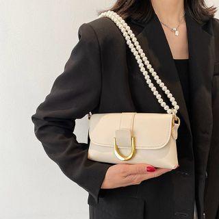 Faux Pearl Strap Flap Shoulder Bag