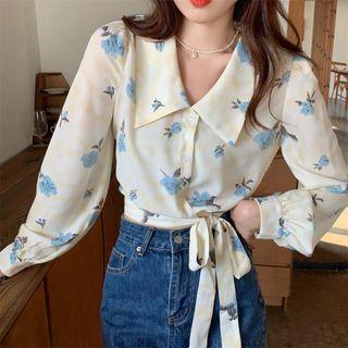 Floral Tie-strap Cropped Blouse Light Almond - One Size