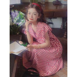 Sleeveless Gingham Ruffle Midi Smock Dress