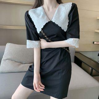 Collared Eyelet Trim Elbow-sleeve Mini A-line Dress Black - One Size