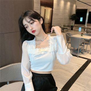 Long-sleeve Lace Trim Square-neck Cropped Blouse