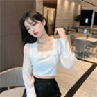 Long-sleeve Lace Trim Square-neck Cropped Blouse