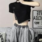 Short Sleeve Crew Neck Stitched Asymmetrical Hem Crop T-shirt