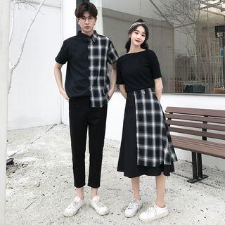 Couple Matching Plaid Panel Shirt / Short-sleeve T-shirt / Midi Skirt