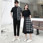 Couple Matching Plaid Panel Shirt / Short-sleeve T-shirt / Midi Skirt