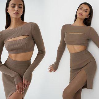 Set: Slit-front Cropped Top + Slit-front Mini Skirt