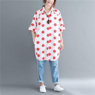 Elbow-sleeve Dotted Long Shirt As Shown In Figure - One Size
