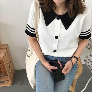 Two-tone Short-sleeve Collared Knit Top