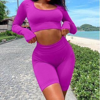 Set: Long-sleeve Cropped Sports T-shirt + Biker Shorts