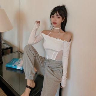 Choker-neck Long-sleeve Mesh Panel Cropped T-shirt White - One Size