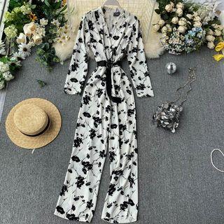 Flower Print Long-sleeve Jumpsuit